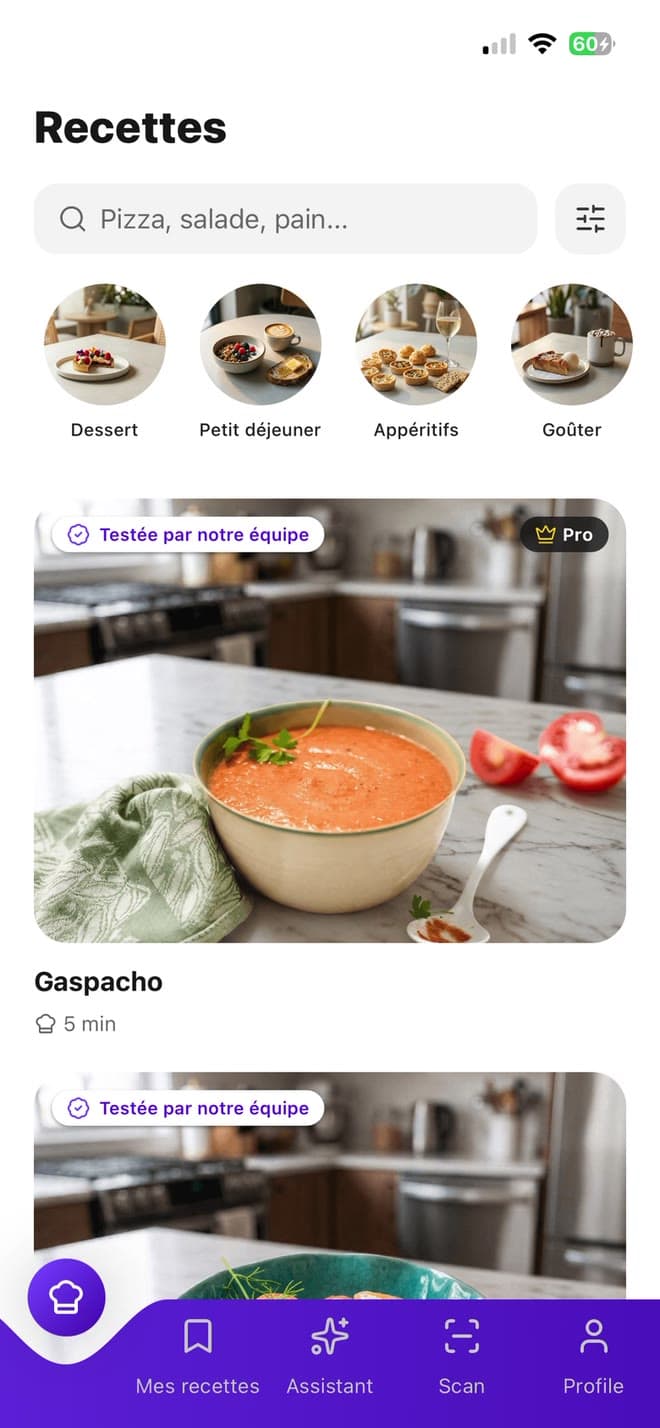 In the app, the recipe list then the gazpacho page with its Cook this recipe button