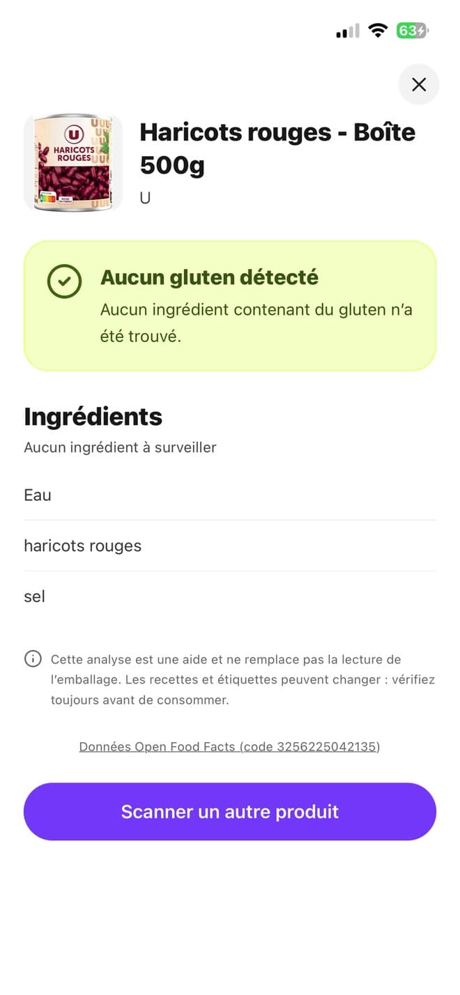 Result of a barcode scan in the app: no gluten detected
