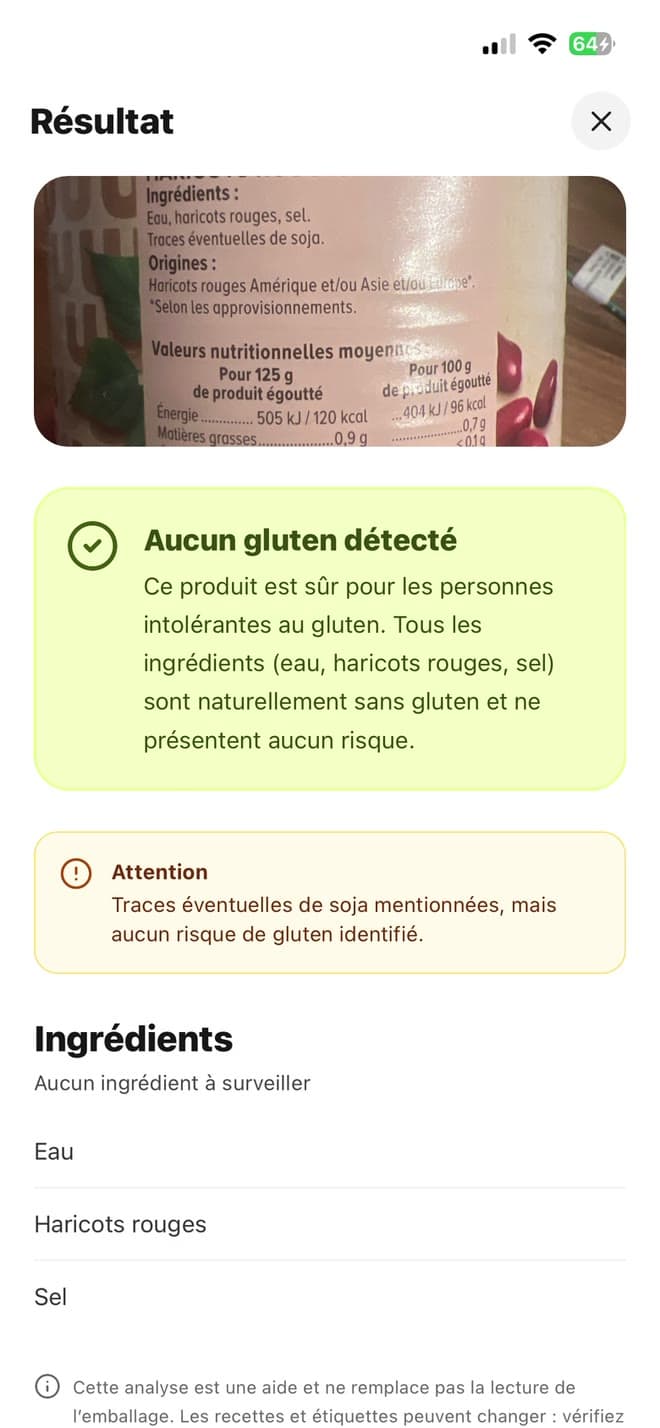 The app analyzes a photo of an ingredient list and shows the verdict: no gluten detected